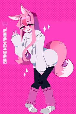 5_fingers anthro black_nose claws clothed clothing cute_fangs fangs female fingers footwear fur gesture glistening glistening_hair hair hand_gesture hoodie leggings legwear long_ears long_hair looking_at_viewer markings multicolored_body multicolored_fur open_mouth pink_body pink_fur simple_background socks solo sparkles teeth text topwear v_sign white_body white_fur nahrimon brand_new_animal studio_trigger nazuna_hiwatashi canid canine fox mammal 2020 absurd_res english_text hi_res