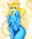 alternate_species anthro black_nose blonde_hair blue_eyes breasts clothing eyebrows eyeshadow female fluffy fluffy_tail fur furrification hair makeup solo sparkles sparkling_background tail thick_thighs zero_suit cassielink metroid nintendo fox_samus_aran samus_aran canid canine fox mammal alternate_version_at_source digital_media_(artwork) digital_painting_(artwork) hi_res sketch