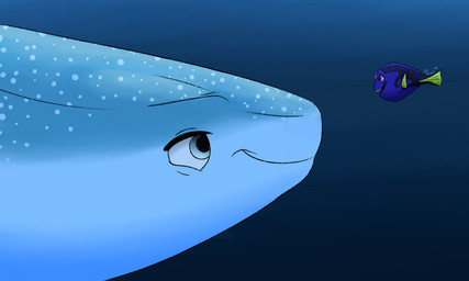blue_body blue_eyes body_pattern deep_water duo female feral multicolored_body pink_eyes simple_background smile spots two_tone_body underwater water bobakkulbeolrp disney finding_dory finding_nemo pixar destiny_(finding_dory) dory_(finding_nemo) acanthurid aquatic carpet_shark fish regal_tang shark whale_shark