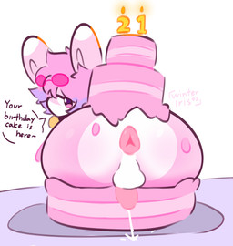 anal anthro anus ass_up balls big_butt birthday blush bodily_fluids butt butt_focus cake clothing cum dessert erection food fur genital_fluids genitals hair headgear headwear huge_butt humanoid_genitalia humanoid_penis looking_at_viewer looking_back male nude penile penis pink_body pink_fur presenting presenting_hindquarters rear_view simple_background solo text white_background white_body white_fur bunymarch42 fritz_(winteriris42) hybrid lagomorph leporid mammal rabbit absurd_res digital_media_(artwork) english_text hi_res