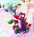 action_pose anthro blade claws detailed_background duo forked_tongue fur green_pawpads male multicolored_body multicolored_fur open_mouth pawpads plant playing pose running snow snowing tail tail_blade tongue tongue_out tree weapon_tail winter chibity mythology reverb shai_noctflame angel_dragon canid canine chimera dragon furred_dragon furred_scalie hybrid mammal mythological_creature mythological_scalie scalie 2017 digital_media_(artwork) digital_painting_(artwork) hi_res