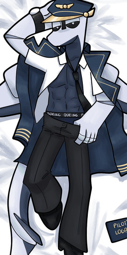abs accessory aircraft anthro bedroom_eyes black_sclera boeing_787 clock clothing coat dakimakura eye_contact hat headgear headwear looking_at_another looking_at_viewer lying machine male narrowed_eyes necktie on_back peaked_cap pilot_hat pilot_uniform seductive shirt slacks solo teasing topwear unbuttoned_shirt vehicle watch white_body wristwatch bunchasticks boeing roger_(bunchasticks) aeromorph living_aircraft living_machine living_vehicle dakimakura_design hi_res