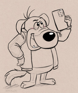 3_toes 4_fingers anthro black_nose cellphone clothing electronics fangs feet fingers jacket letterman_jacket male open_mouth phone short_body smile solo tail teeth toes topwear adriano_berjillos hanna-barbera the_bungle_brothers the_kwicky_koala_show george_bungle beagle canid canine canis domestic_dog hunting_dog mammal scent_hound