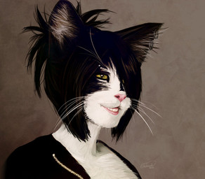 anthro bangs covered_eyes ear_piercing eyebrow_piercing facial_piercing female female_anthro fur hair long_hair multicolored_body multicolored_fur open_mouth piercing simple_background solo yellow_eyes anokorok domestic_cat felid feline felis mammal 2010 bust_portrait portrait