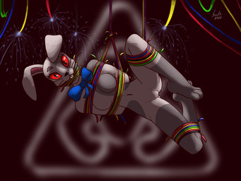 anthro bdsm bondage bound breasts clothing costume female form_fitting logo shorting solo sparks stuck wire baahn five_nights_at_freddy's five_nights_at_freddy's:_security_breach scottgames steel_wool_studios vanny_(fnaf) lagomorph leporid mammal rabbit 2022 4:3 digital_media_(artwork) hi_res