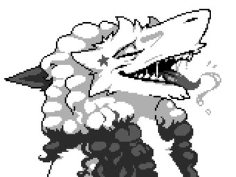 ambiguous_gender anthro arm_tuft black_hair black_tongue bodily_fluids cheek_tuft chin_tuft contiguous_snout curly_hair dripping eyes_closed facial_tuft fur hair lip_tuft long_hair looking_pleasured markings multicolored_hair open_mouth saliva saliva_drip saliva_on_tongue saliva_string shoulder_tuft simple_background smile solo star_(marking) tapering_snout teeth tongue tongue_out tuft two_tone_hair white_background white_body white_fur white_hair bleu_cheese_(artist) bleu_(bleu_cheese) sergal 2025 4:3 digital_drawing_(artwork) digital_media_(artwork) headshot_portrait hi_res monochrome pixel_(artwork) portrait