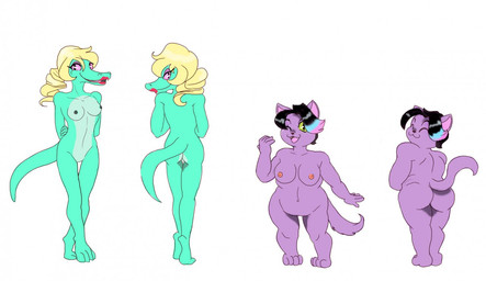 anthro areola belly big_breasts black_hair breasts butt duo female fur hair nipples nude open_mouth overweight purple_body purple_fur short simple_background skinny slightly_chubby smile tall thick_thighs weight_difference wide_hips missebony undertale undertale_(series) bratty_(undertale) catty_cattenheimer alligator alligatorid crocodilian domestic_cat felid feline felis mammal reptile scalie 2017