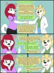 3:4 anthro blonde_hair canid canine canis clothed clothing collaboration comic dialogue digital_media_(artwork) doctor domestic_dog duo english_text eulipotyphlan female fur green_eyes hair hedgehog hi_res husky kammypup kammypup_(artist) mammal nordic_sled_dog red_hair runt_(artist) simple_background smile speech_bubble spitz text