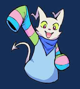 anthro blue_kerchief blue_neckerchief clothed clothing cute_fangs fangs fur green_sclera kerchief looking_at_viewer male monotone_body monotone_fur monotone_tail neckerchief neckwear open_mouth oversized_sleeves purple_eyes purple_nose raised_hand sleeves_past_wrists smile solo spade_tail striped_sleeves sweater tail teeth tongue topwear white_body white_fur white_tail evolifanno1 square_enix mr.sem 2022 alpha_channel digital_drawing_(artwork) digital_media_(artwork)