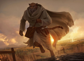 anthro barefoot cape clothing cloud dutch_angle feet fence grassland male outside robe running solo sunset tail text white_clothing white_robe bram_sels hasbro magic:_the_gathering wizards_of_the_coast cheetah felid feline mammal 2017 digital_media_(artwork) english_text hi_res official_art