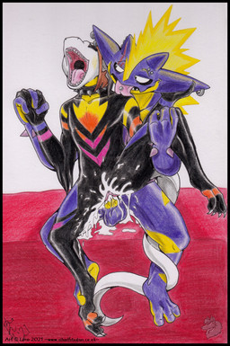 anthro balls black_body black_border bodily_fluids body_pattern body_spikes border claws collar cum duo ear_piercing ear_ring excessive_cum excessive_genital_fluids eyebrow_piercing eyes_closed facial_piercing female flat_chested gaping_mouth genital_fluids genitals glistening glistening_body hand_holding humanoid_genitalia humanoid_penis licking looking_pleasured male male/female multicolored_body open_mouth orgasm_face penetration penile penile_penetration penis penis_in_vagina piercing pink_tongue purple_body ring_piercing sex sharp_teeth snout spiked_collar spikes tail tail_around_leg tail_around_partner teeth throat toe_claws tongue tongue_out tongue_piercing vaginal vaginal_penetration vulva yellow_penis silvolf mythology nintendo pokemon volte_(character) amped_toxtricity dragon generation_8_pokemon mythological_creature mythological_scalie pokemon_(species) reptile scalie toxtricity colored_pencil_(artwork) hi_res traditional_media_(artwork)