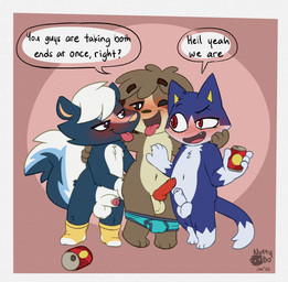 alcohol animal_genitalia animal_penis balls beer beverage black_nose blue_body blue_fur blush briefs canine_genitalia canine_penis clothed clothing dialogue footwear foreskin fur genitals hair humanoid_genitalia humanoid_penis knot male male/male open_mouth penis sheath simple_background smile socks speech_bubble tail text tongue underwear nutty_bo animal_crossing nintendo digby_(animal_crossing) kicks_(animal_crossing) rover_(animal_crossing) canid canine canis domestic_cat domestic_dog felid feline felis mammal mephitid shih_tzu skunk striped_skunk toy_dog hi_res