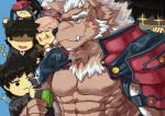 abs anthro blush can cape clothed clothing container fur hair headgear headwear kerchief male muscular muscular_male pecs red_eyes scar tan_body tan_fur text text_on_clothing text_on_headwear topwear white_hair yellow_sclera mowang_yu lifewonders tokyo_afterschool_summoners marchosias_(tas) tadatomo_(tas) canid canine canis demon domestic_dog human mammal wolf absurd_res hi_res