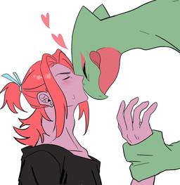 accessory anthro blush bodily_fluids clothing duo ear_piercing ear_stud eyes_closed flustered hair hair_accessory hair_tie heart_symbol holding_wrist interspecies kiss_on_nose kissing larger_male licking licking_lips long_hair love male male/male piercing romantic romantic_couple shirt simple_background size_difference speech_bubble sweat tied_hair tongue tongue_out topwear white_background laiweitui nintendo pokemon a_mu_(laiweitui) fang_yuan_(laiweitui) pokemon_trainer generation_3_pokemon human mammal pokemon_(species) reptile scalie sceptile hi_res
