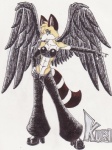 anthro feathered_wings feathers female leather multi_tail solo tail wings hellgoddess kuri_fellwing canid canine fox mammal 3:4 hi_res