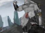 aban_wrench anthro balls blaidd_(elden_ring) canid canine canis elden_ring flaccid foreskin fromsoftware genitals hi_res humanoid_genitalia humanoid_penis male mammal melee_weapon muscular muscular_male nipples penis solo sword weapon wolf