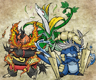 ambiguous_gender anthro feral fire flaming_hair flaming_mane group pseudo_hair pseudo_mane serpentine starter_trio trio unknown_artist nintendo pokemon emboar generation_5_pokemon pokemon_(species) samurott serperior source_request