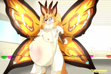 4_eyes abdominal_bulge after_vore ambiguous_gender ambiguous_prey antennae_(anatomy) anthro anthro_pred big_breasts black_nose blue_eyes breasts brown_sclera clipboard clothed clothed_anthro clothed_female clothed_pred clothing duo female female/ambiguous female_anthro female_pred flask fluffy_antennae fur hand_on_own_belly holding_clipboard holding_object insect_wings lepidopteran_wings markings multi_eye neck_tuft nipples orange_body orange_fur solo standing text third_eye_(marking) three-quarter_view translucent translucent_wings tuft unbirthing vaginal vore white_body white_fur willing_pred wings vextrix mali_(mali.maw) valeriandevis silory artist_name hi_res