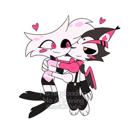4_arms anthro armwear blush blush_stickers boots chibi clothed clothing do_not_distribute duo elbow_gloves feathered_wings feathers footwear gloves handwear high_heeled_boots high_heels hug legwear male multi_arm multi_limb shoes simple_background thigh_boots thigh_highs white_background wings enaic31 hazbin_hotel hellaverse angel_dust husk_(hazbin_hotel) arachnid arthropod domestic_cat felid feline felis humanoid mammal spider 1:1