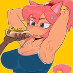 blue_eyes bodily_fluids bread breasts duo eyelashes female food hair holding_hot_dog hot_dog hot_dog_bun muscular muscular_female muscular_humanoid mustard pink_eyelashes pink_hair pink_tail simple_background sweat sweatdrop tail tongue tongue_out yellow_background niceupdog animal_humanoid canid canid_humanoid canine canine_humanoid dog_humanoid humanoid mammal mammal_humanoid 1:1 hi_res