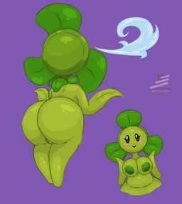 anthro big_butt black_eyes blush breasts butt clover_(plant) eyelashes female genitals green_body green_nipples looking_at_viewer nipples not_furry nude plant purple_background simple_background solo standing thick_thighs vulva wind razgrizdl electronic_arts plants_vs._zombies popcap_games blover_(pvz) elemental_creature elemental_humanoid flora_fauna humanoid plant_humanoid 2024 digital_media_(artwork) hi_res