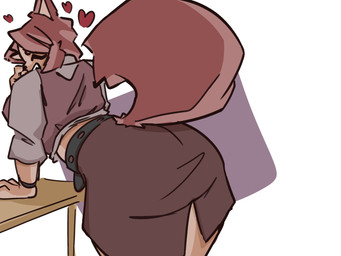 anthro arm_support belt bottomwear breasts butt butt_focus clothed clothed_anthro clothed_female clothing eyes_closed female fully_clothed fully_clothed_anthro fully_clothed_female furniture geometric_background hair hand_on_table heart_symbol holding_nose pointy_ears prick_ears raised_tail simple_background skirt smile solo table tail topwear taintedcan canid canine mammal 2026 absurd_res digital_drawing_(artwork) digital_media_(artwork) hi_res