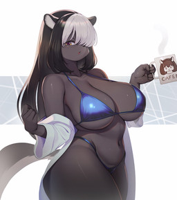 anthro big_breasts bikini blush breasts clothed clothing female female_anthro fur hair hair_over_eye kemono long_hair looking_at_viewer navel one_eye_obstructed solo swimwear thick_thighs two-piece_swimsuit whooo-ya mammal mephitid skunk 2023 character_request digital_media_(artwork) hi_res