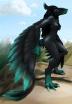 5_fingers absurd_res anthro blue_eyes breasts detailed_background digitigrade feathered_wings feathers featureless_breasts female fingers hi_res nadnerbd navel nude outside smile solo wide_hips wings