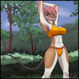anthro black_border border bottomwear bra breasts clothed clothing day exercise exercise_clothing female front_view fur hair jogging looking_at_viewer midriff multicolored_body navel outside pink_hair pose solo sports_bra sports_panties stretching tail two_tone_body underwear workout workout_clothing killmite mammal mouse murid murine rodent 1:1 digital_drawing_(artwork) digital_media_(artwork) pinup portrait three-quarter_portrait