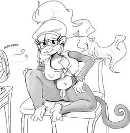anthro anus bangs belly blonde_hair bottomless bottomless_female breasts cleavage clothed clothing ear_piercing ear_ring feet female genitals hair long_hair nipple_outline piercing ponytail ring_piercing sitting solo spread_legs spreading tail thick_thighs toes vulva mirnmuffin donkey_kong_(series) nintendo dixie_kong ape chimpanzee haplorhine mammal monkey pan_(genus) primate hi_res monochrome