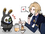 anthro blonde_hair cape clothing container cup duo food formal_clothing hair heterochromia honey_(food) long_hair male mask necktie tea_cup danso_0000 mihoyo zenless_zone_zero hugo_vlad robin_(bangboo) bangboo humanoid hi_res