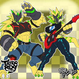 abs anthro big_breasts black_bottomwear black_clothing black_crop_top black_pants black_shirt black_topwear blue_bottomwear blue_clothing blue_eyes blue_pants bottomwear breasts bulge claws clenched_teeth clothed clothed_anthro clothed_female clothed_male clothing crop_top digitigrade duo electric_guitar feet female finger_claws fingerless_gloves fingers fist front_view fur gloves green_body green_fur guitar handwear holding_guitar holding_musical_instrument holding_object humanoid_hands legwear logo male muscular muscular_anthro muscular_arms muscular_female muscular_legs muscular_male musical_instrument navel pants pattern_background plucked_string_instrument post purple_eyes shirt simple_background standing string_instrument tail teeth text tights toe_claws toes topwear yellow_body yellow_fur tattoorexy bandai_namco digimon bulkmon digimon_(species) 1:1 2026 artist_logo artist_name colored full-length_portrait hi_res portrait shaded