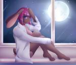 blue_eyes blush breasts clothed clothing dress_shirt exposed_breasts feet female hair moon nipples pink_hair pose shirt smile solo topwear window sugarfoxxart chelsea_(dkside41) lagomorph leporid mammal rabbit absurd_res hi_res