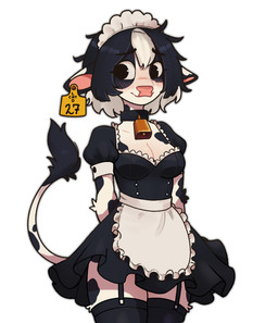 anthro apron bangs big_ears black_body black_eyes black_fur black_hair blush bottomwear breasts choker cleavage clothed clothing collar cow_nose cowbell cowbell_collar ear_piercing ear_tag female frilly fur garter_belt garter_straps hair hands_behind_back jewelry legwear maid_headdress maid_uniform medium_breasts medium_hair multicolored_body multicolored_hair necklace nervous nervous_smile piercing puffy_sleeves short_hair short_sleeves skinny skirt slim solo tail tail_tuft thigh_highs timid tuft uniform white_body white_fur white_hair catlad moomei_(catlad) bovid bovine cattle dairy_cattle holstein_friesian_cattle mammal