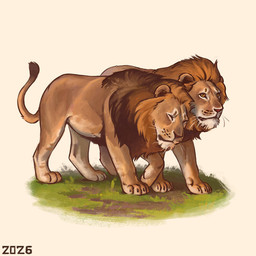 brown_mane claws dirt duo eyes_closed feral fur grass male mane paws plant quadruped red_nose side_by_side simple_background tail tail_tuft tan_body tan_fur tuft walking whisker_spots whiskers white_background yellow_eyes alexpahomov felid lion mammal pantherine 1:1 2026