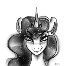 alternate_species black_eyebrows blush closed_smile confident confident_female crown eye_through_hair eyebrow_through_mane eyebrows eyelashes female female_feral feral fluffy_ears front_view fur furrowed_eyebrows grey_eyes grey_mane hair headgear horn lidded_eyes light looking_at_viewer mane mouth_closed multicolored_mane princess royalty simple_background smile smiling_at_viewer solo sparkles sparkling_mane tiara translucent translucent_hair unicorn_horn wavy_mane white_background white_body white_fur white_horn rayrage friendship_is_magic hasbro my_little_pony mythology princess_luna_(mlp) equid equine mammal mythological_creature mythological_equine unicorn 2026 absurd_res bust_portrait digital_drawing_(artwork) digital_media_(artwork) english_description greyscale hi_res lighting monochrome portrait shaded sketch