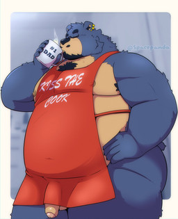 anthro apron balls beard belly big_belly butt clothing container cup drinking ear_piercing ear_ring eyes_closed facial_hair genitals male moobs mug mustache nipples overweight overweight_male penis piercing ring_piercing solo text text_on_apron text_on_clothing spacepanda bear mammal 2025 english_text hi_res