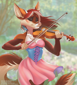 5_fingers anthro bow_(stringed_instrument) bowed_string_instrument breasts chest_tuft cleavage clothed clothing dress eyebrows eyelashes eyes_closed female fingers hair musical_instrument pink_nose red_hair solo standing string_instrument tail tuft violin sorafoxyteils canid canine mammal 2017