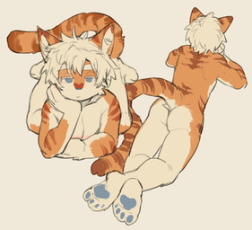 anthro blue_eyes blue_pawpads duo fur hair male orange_body orange_fur pawpads white_body white_fur white_hair milkybot hu_ku_li_(milkybot) domestic_cat felid feline felis mammal hi_res
