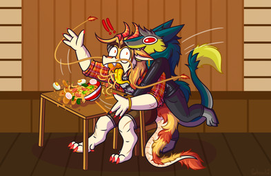 anthro bottomwear bracelet chopsticks claws clothed clothing duo fangs flannel_shirt food fur furniture green_body green_fur grey_body grey_fur hair horn interior_background jacket jewelry leather leather_clothing leather_jacket leather_topwear male male/male nibbling noodles orange_body orange_fur pants paws pounce ramen red_eyes scales scar silly silly_face table tail tail_tuft tan_body tan_fur tan_scales teeth tongue tongue_out topwear tuft whiskers yellow_body yellow_eyes yellow_fur gehirnlie mythology brom_(sahurus) ren_(fir3dragon0113) dragon eastern_dragon mythological_creature mythological_scalie scalie sergal absurd_res hi_res