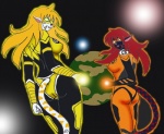 anthro aura big_breasts black_clothing blonde_hair breasts clothing cosplay duo female fur hair nipple_outline power_ring red_hair skinsuit space tail tight_clothing white_body white_fur yellow_clothing blackwind_zero dc_comics green_lantern_(series) lantern_corps sinestro_corps felid mammal pantherine tiger