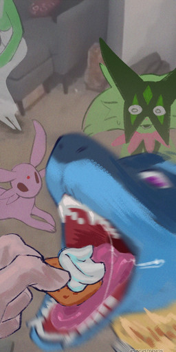 ambiguous_gender anthro biped bodily_fluids dairy_products detailed_background feral fingers food fur green_body green_fur group multicolored_body open_mouth pink_body pink_nose purple_eyes quadruped saliva sitting tongue whipped_cream white_body sincastermon nintendo pokemon generation_4_pokemon generation_9_pokemon human lucario mammal meowscarada pokemon_(species) hi_res