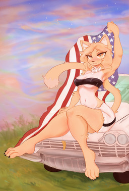 1970s_clothing 1970s_theme 4_fingers 4_toes accessory anthro areola arm_tuft armpit_fetish athletic beach bedroom_eyes belly big_breasts big_butt big_nipples biped black_claws blonde_hair blush bottomwear breasts butt car car_hood car_hood_pose cheek_tuft claws clothing curly_hair driver elbow_tuft eyebrows eyelashes facial_tuft feet female female_anthro field fingers flag flag_(object) fluffy fluffy_hair fluffy_tail foot_fetish foot_focus foot_play fur genitals grass hair holidays jewelry leather leather_bottomwear leather_clothing leather_panties leather_topwear leather_underwear long_hair looking_at_viewer machine morning narrowed_eyes nipples orange_eyes panties patriotism paws plant politics presenting raised_arm retro retro_car seductive shorts sitting sky solo tail thick_eyebrows thick_thighs toes topwear tuft underwear united_states_of_america vehicle white_car white_clothing white_panties white_underwear yellow_body greengirdle 4th_of_july microsoft plymouth plymouth_fury prequel_adventure the_elder_scrolls rajirra felid khajiit mammal armpit absurd_res hi_res