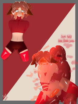 breath dominant dominant_female drops duo female femboy food genitals jelly_(food) jelly_humanoid male male/female panting size_difference smaller_male sound_effects steam strapon text sweet_ariete humanoid 3:4 absurd_res hi_res