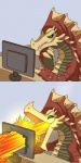 anthro breath_powers claws computer electronics elemental_manipulation fin fire fire_breathing fire_manipulation green_eyes humor male monitor red_body red_scales scales solo teeth white_body white_scales unknown_artist capcom monster_hunter agnaktor leviathan_(mh) scalie 1:2 reaction_image