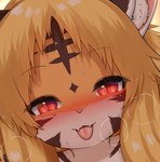 anthro blep blonde_hair bodily_fluids brown_body brown_fur cute_fangs fangs female female_anthro fur hair half-closed_eyes kemono looking_at_viewer multicolored_body multicolored_fur narrowed_eyes naughty_face orange_body orange_fur pink_nose pupils red_eyes saliva slit_pupils solo sweat sweatdrop teeth tongue tongue_out white_body white_fur horokusa0519 tora-chan_(horokusa) felid mammal pantherine tiger 2024 cropped digital_media_(artwork)