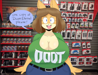anthro big_breasts blue_bottomwear blue_clothing blue_eyes blue_pants bottomwear breasts brown_hair cleavage clothed clothed_anthro clothed_female clothing collarbone countershade_face countershading dialogue eyebrow_through_hair eyebrows eyelashes female fur green_clothing green_shirt green_t-shirt green_topwear hair huge_breasts logo_parody looking_at_viewer open_mouth open_smile pants photo_background shirt smile solo speech_bubble t-shirt tan_body tan_fur teeth text tooth_gap topwear translucent translucent_hair jinu doom_(series) gamestop id_software microsoft june_(jinu) canid canine canis domestic_dog mammal shiba_inu spitz 2020 digital_drawing_(artwork) digital_media_(artwork) english_description english_text half-length_portrait hi_res mixed_media photography_(artwork) portrait