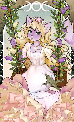 anthro blue_eyes breasts clothing dress female fur looking_at_viewer plant purple_body purple_fur solo swing tail dragonfu amphibian felid feline frog mammal 2023 hi_res