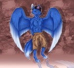 anthro barefoot black_hair black_nose blue_body blue_eyes blue_fur blue_tail blue_wings bottomwear brown_bottomwear brown_clothing brown_pants clothed clothing feathered_wings feathers feet fur hair looking_at_viewer male mouth_closed pants short_hair solo standing tail topless white_tail white_wings wings scarlanya canid mammal full-length_portrait portrait