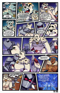 anthro balls blush bodily_fluids cape clothing crown cum cumshot dialogue duo ejaculation erection frottage genital_fluids genitals headgear hug humanoid_genitalia humanoid_penis interrobang king knight male male/male overweight overweight_male penile penis penises_touching royalty sex speech_bubble tears text thrown warrior tehbluebubble bear mammal absurd_res comic english_text hi_res